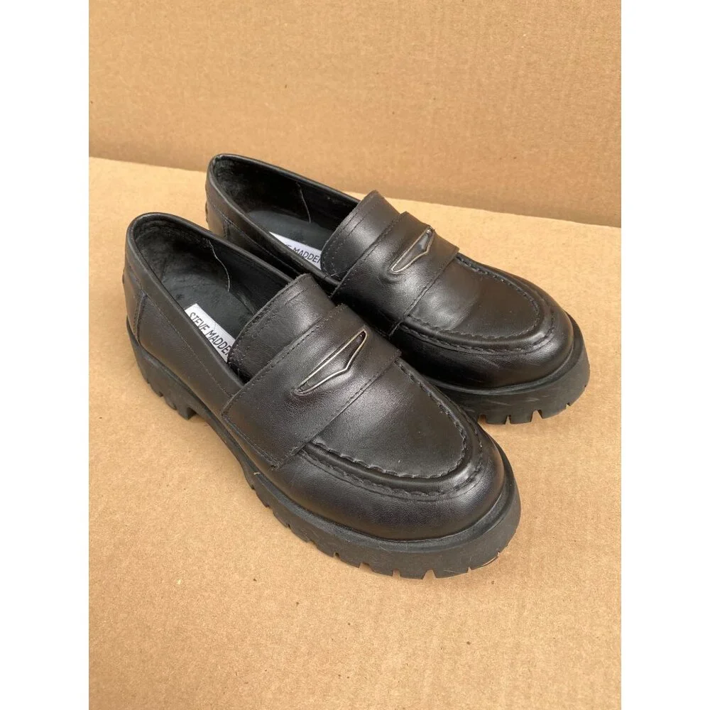 Steve Madden Women Black Lawrence Chunky Loafers Size 7.5 Leather platform Y2K‎